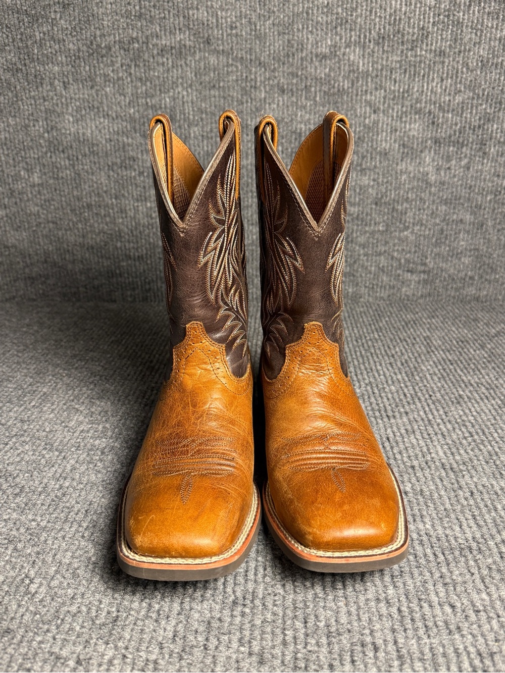 Ariat Sport Western Men’s Size 7.5 Boots Tan & Dark Brown Leather Square Toe - Picture 4 of 12